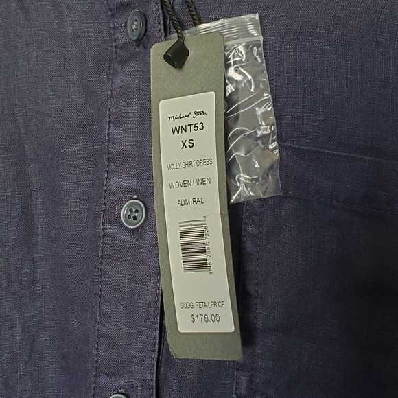 Michael Stars Molly Linen Mini Shirt Dress Pull On Navy Blue Long Sleeve NWT - Picture 5 of 12
